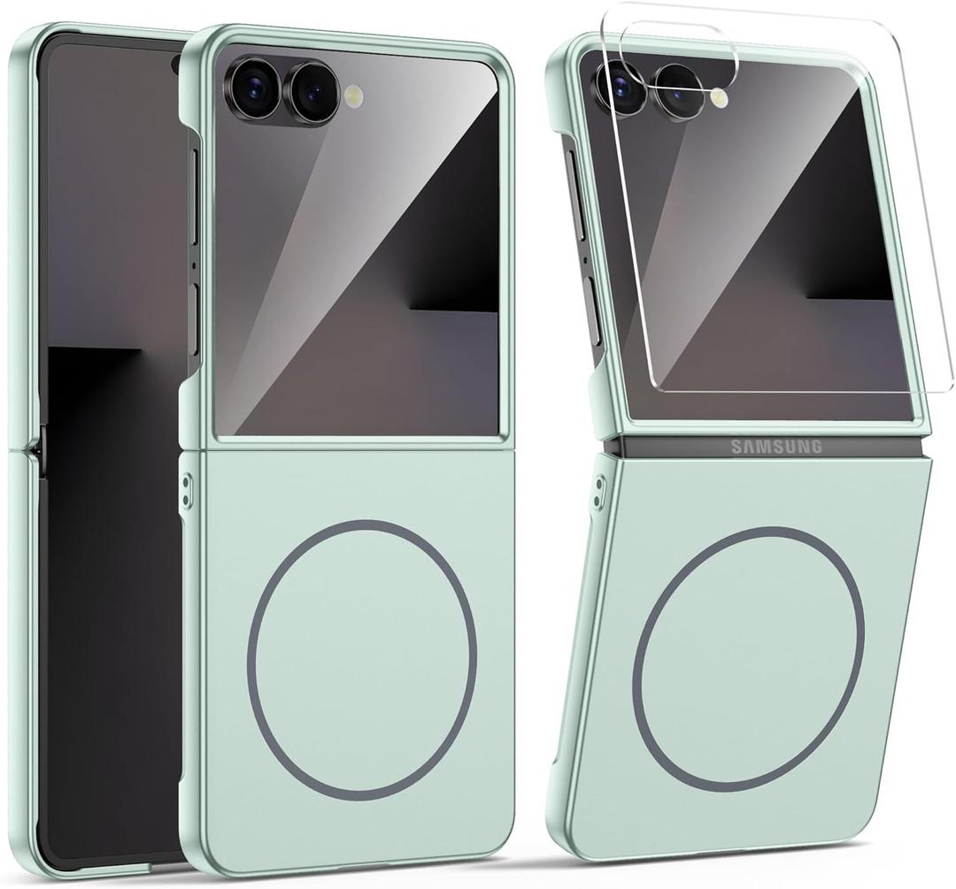 MAKAVO Magnetic for Samsung Galaxy Z Flip 7 Case, Compatible with MagSafe, Built-in Screen Protector, Flip7 Slim Hard Shockproof Phone Cover, Mint Green