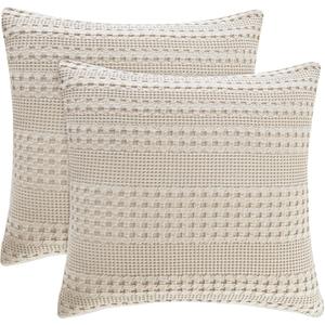 PHF 100% Cotton Waffle Weave Pillow Covers 24" x 24", 2 Pack Luxury Square Shell for Elegant Home Decor, No Filling, Luxury Aesthetic Soft Pillow Covers for Bed, Oatmeal