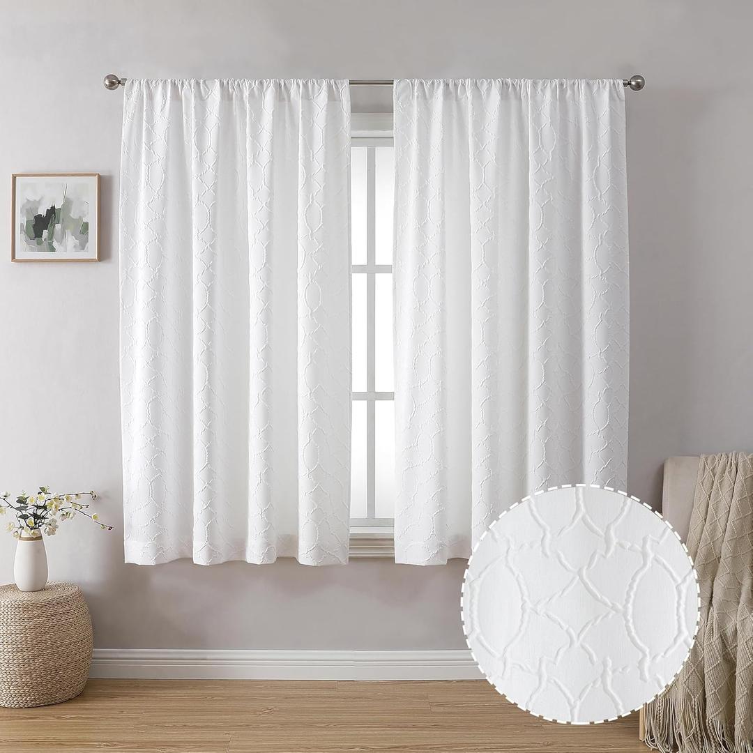 Simplebrand Grace White Light Filtering Curtains for Bedroom 54 Inch Length 2 Panels, 3D Embossed Textured Thick Fabric Curtains, Soft Touching Casual Rod Pocket Drapes Privacy Curtains, 52" Wide