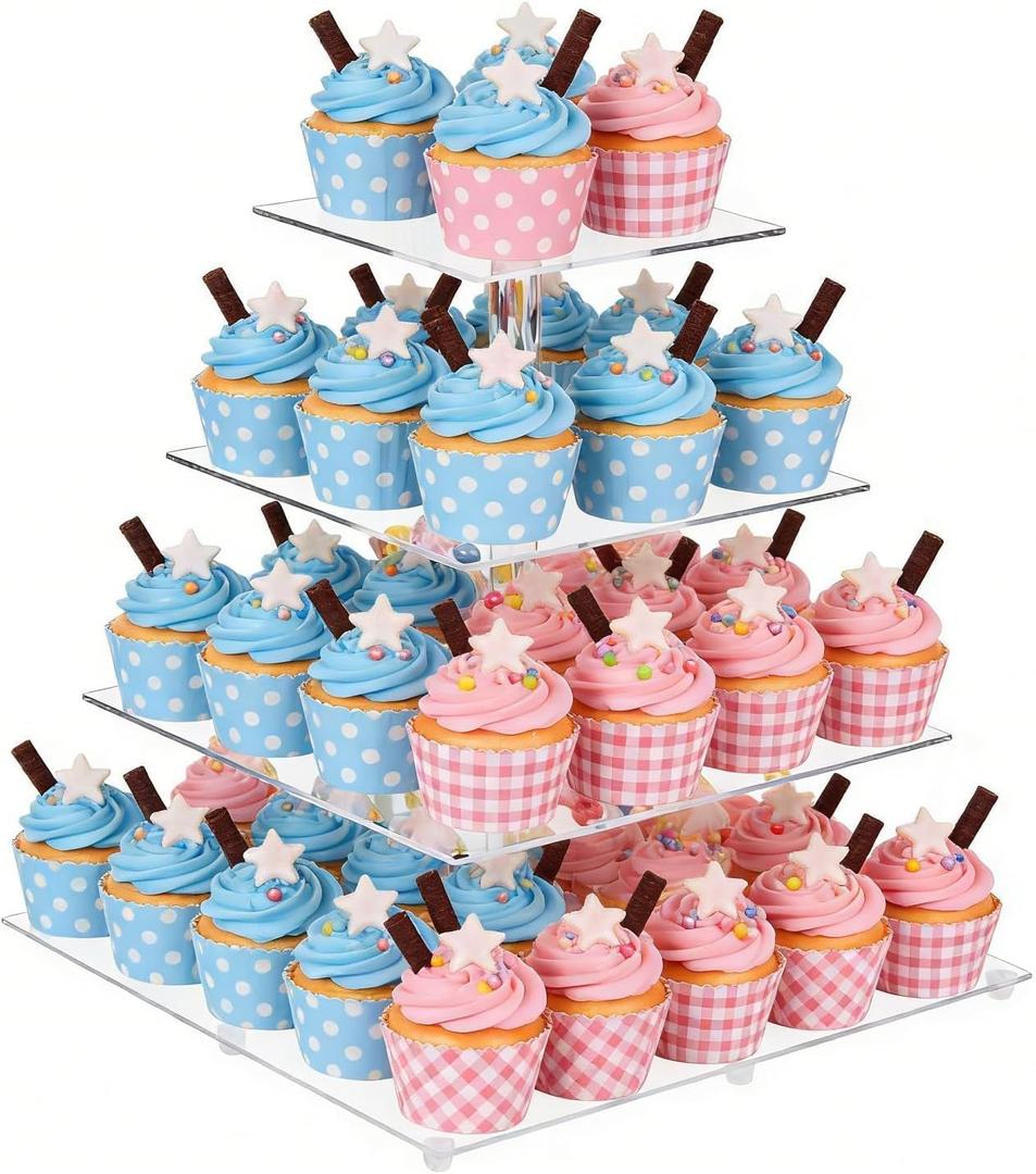 4 Tier Cupcake Stand for 50 Cupcakes, Clear Acrylic Cupcake Tower, Cupcake Holder for Parties, Weddings, Birthdays, Clear Dessert Display Ease of Assembly High Stability (Square)