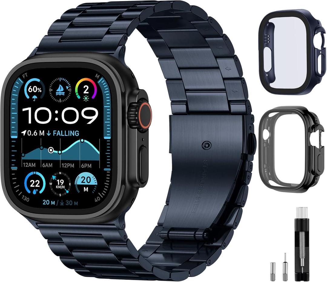 WJK Metal Band Compatible with Apple Watch Bands 49mm For Men Women, Stainless Steel Replacement Strap with 2 Pack Case Screen Protector Compatible for iWatch Series Ultra 3/2/1, Midnight Blue