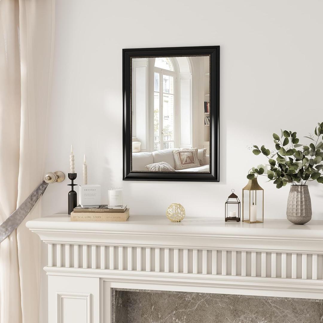 Axeman 22x30 Rectangular Wall Mirror, Decorative Bathroom Mirror, Traditional Vintage Wall Mounted Mirror with Beaded Frame for Accent Living Room Vanity Bedroom Entryway, Black