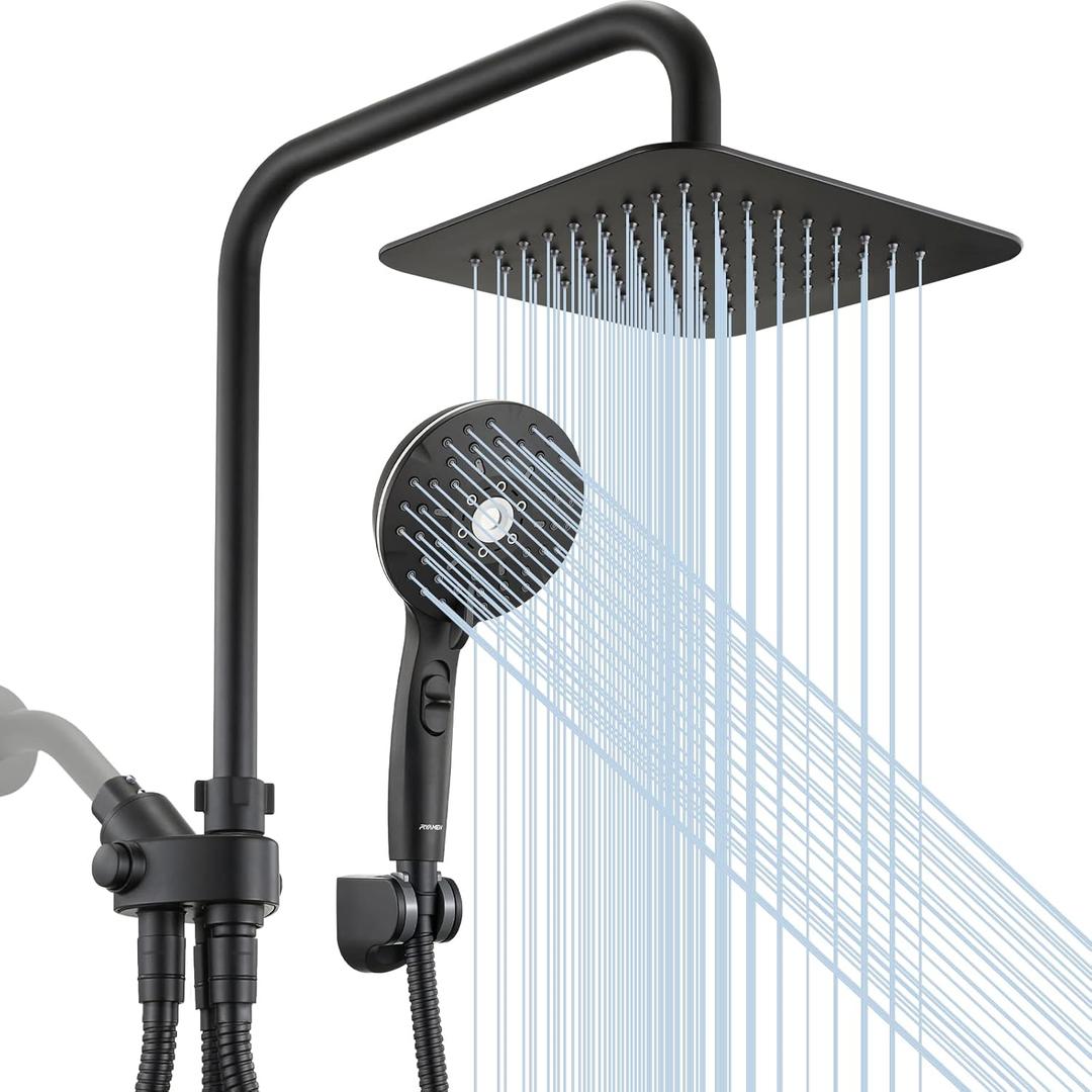 Dual Shower Head Combo, Black 8'' High Pressure Rain/Rainfall Shower Head, 6 Settings Adjustable Handheld Showers, with 15" Height Adjustable Slide Bar, Holder/59" Hose