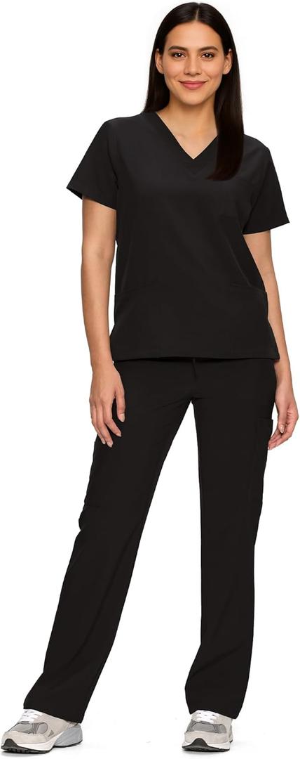 floralhue Scrubs for Women Set, Medical Women Scrubs, V-Neck Top and Straight Leg Pants with 11 Pockets (Relaxed Fit) (Small, Black)