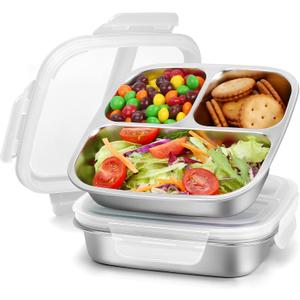 RAOOKIF 2 Pack Stainless Steel Snack Containers with Lids, 3-Compartment Leak-Proof Food Storage Containers, 20 oz Reusable Grab-and-Go Bento Box for School, Home, Office, and Camping, Dishwasher-Safe
