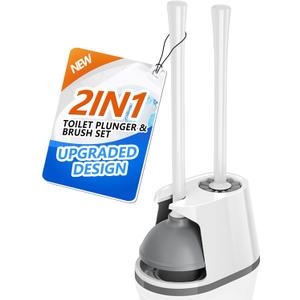Toilet Plunger and Brush Set, Bowl Brush and Heavy Duty Toilet Plunger with Ventilated Holder, 2-in-1 Toilet Brush and Plunger Combo for 5.3-inch Toilet Drain Bathroom Deeply Cleaning(White & Grey)