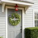 20 Inch Boxwood Wreath for Front Door with Welcome Sign & Sash, Farmhouse Outdoor Wreath, Artificial Spring Summer Greenery Wreath for Indoor Wall Hanging Window Wedding Home Decor