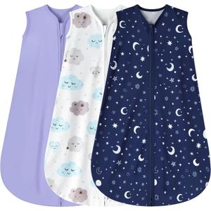 BSTOPPT 3 Pack Baby Sleep Sack 6-12 Months 100% Rayon Cotton Baby Sleeping Bag 2-Way Zipper Toddler Wearable Blankets Comfy Stretchy Lightweight TOG 0.3 Purple&Clouds&Starry Sky, Medium