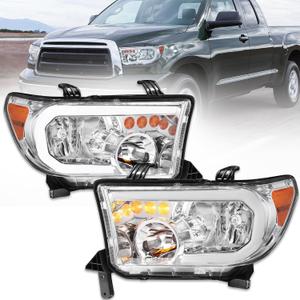 KUIPERAUTO Pair LED Headlights Assembly Compatible for Toyota Tundra 2007-2013 Clear Lens/Chrome Housing/Amber Dynamic Turn Lights with LED DRL Front Lamps Driver and Passenger Side#TO2502171