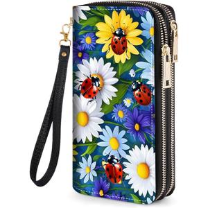 Daisy Flowers Ladybug Print Women's Large Capacity Wallet PU Leather Double Zipper Clutch Purse for Cash/Card/Coin/Smart Phone