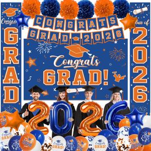 Graduation Decorations Class of 2026, Blue and Orange Graduation Decorations with Congrats Grad Backdrop, Class of 2026 Banner,Porch Sign, Balloons, Foil Number 2026 for graduation Party Supplies