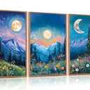 CHDITB Moon Above the Wildflowers Woodland Framed Canvas Wall Art (16"x24")，3 Pcs Abstract Midnight Landscape Nature Artwork Painting, Large Mystical Enchanted Pine Tree Forest Wall Decor for Bedroom Living Room Office