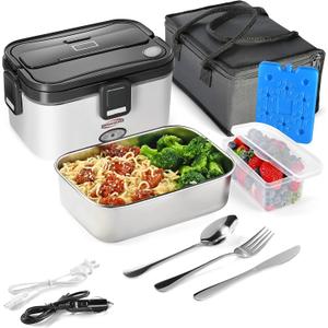 Electric Heated Lunch Box Food Heater for Adults and kids, food warmer , 70W 110V/12V/24V, heating lunch box for work, food warmer for car, 1.8L with Cutlery Set & Ice Pack