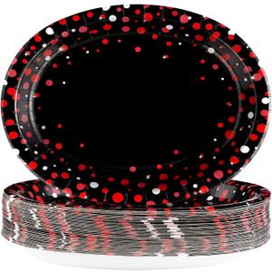50 Pcs Black and Red Oval Plates 10" x 12" Large Graduation Party Plates Disposable Heavy Duty Red Dot on Black Paper Plates for Congrats Grad Holiday Fiesta Wedding Birthday Party Decorations