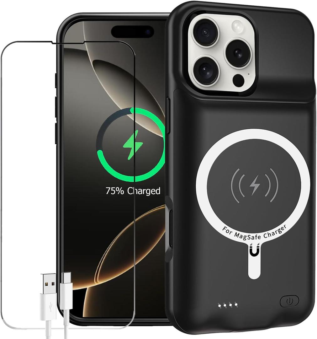 Battery Case for iPhone 16 Pro Max, Enhanced 12000mAh Portable Protective Wireless Charging Case Support Carplay Compatible with iPhone 16 Pro Max (6.9 inch) Rechargeable Battery Charger Cover(Black)