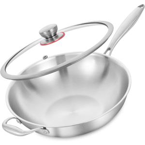 LOLYKITCH 13 Inch Stainless Steel Wok with Glass Lid, Tri-Ply Stir Fry Pan with Detachable Handle, Uncoated Cooking Wok for Induction & Glass, Flat Bottom, SGS Certified Cookware