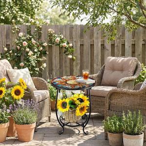 Cinnvoice Outdoor Side Table Small End Patio Porch Table Round, Mosaic, Outdoor, Side, Small, Accent, Plant Coffee Tea Table for Yard, Patio, Porch, Garden, Living Room, Bedroom, 14inch