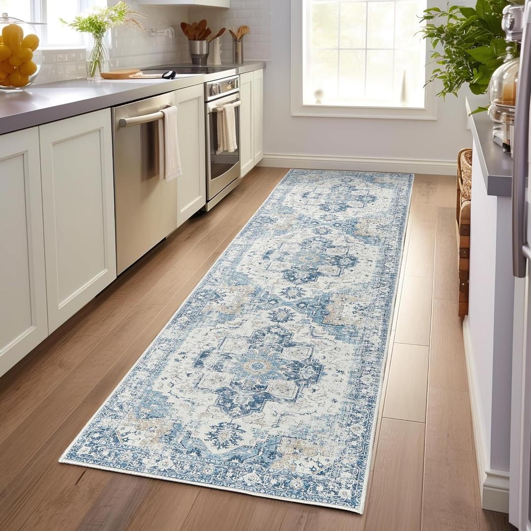 jinchan Runner Rug 3x7 Vintage Hallway Rug Kitchen Washable Runner Retro Floor Cover Lightweight Non-Slip Low Pile Thin Distressed Carpet for Entryway Bathroom Laundry Room Bedroom Stairway Blue