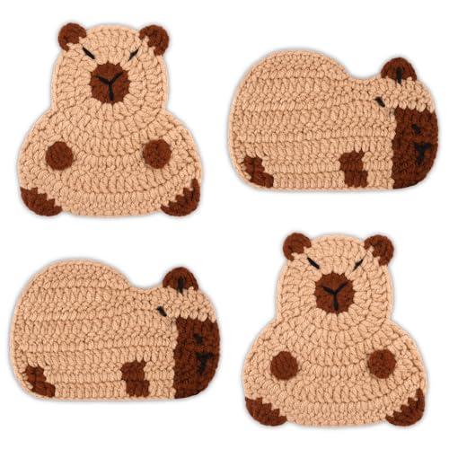 Capybara Crochet Animals Coasters for Drinks, Cute Coasters Set of 4, 4 PCS of 2 Styles Woven Handmade Cup Coaster, Boho for Coffee Table Decor
