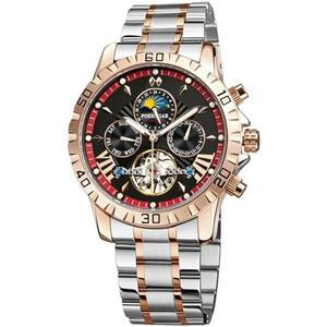 FORSINING Men Automatic Mechanical Watch, Luxury Tourbillon Moon Phase Self Winding Watch, Luminous Dial Week Date Dual Display Rose Gold Dress Wrist Watch