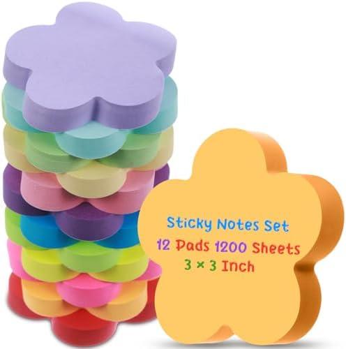 Leinuosen 12 Pieces Sticky Notes Shape 3 Inch Bright Colors Self-Stick Pads Multiple Colors Sticky Notes Back to School Gifts for Classroom Office Supply, 100 Sheets/pad(Flower)