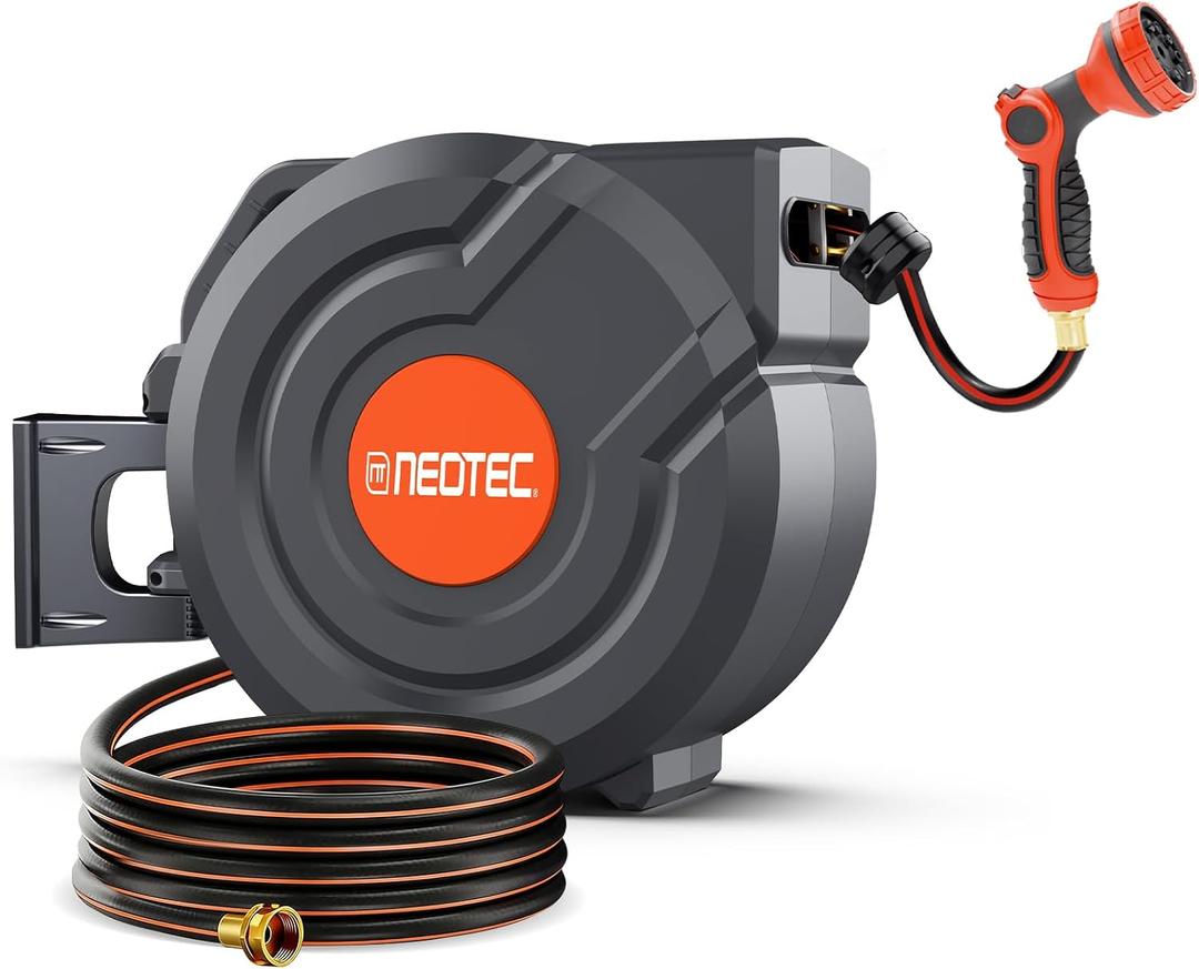 130FT Retractable Garden Hose Reel 1/2 Inch, Heavy Duty Wall Mounted Water Hose with Metal Bracket, Auto-Lock, Slow Return, 180° Swivel & 9-Pattern Spray Nozzle, UV Resistant Outdoor