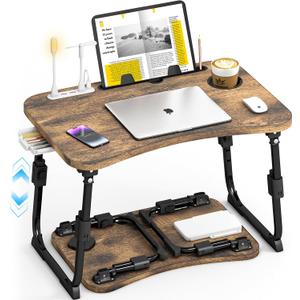 Lap Desk for Bed Adjustable Height, Foldable Bed Table with Storage Drawer, Tablet Slot & Cup Holder, Portable Laptop Stand for Bed & Sofa, Bed Desk for Adults & Kids, Carbonized