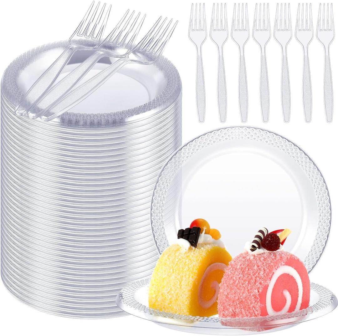 Hushee 600 Pcs 6 Inch Plastic Dessert Plates with Forks for Cake Appetizer, 300 Disposable Plates and 300 Plastic Forks for Wedding Birthday Party Event Bulk (Clear)