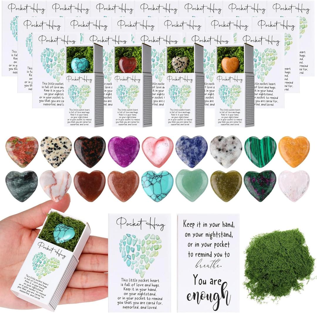 20 Sets Pocket Hug Token Bulk Heart Natural Stones Heart Emotional Support Inspirational Bulk Gifts for Coworkers Positive Thank You Gifts with Cards for Employees Nurses