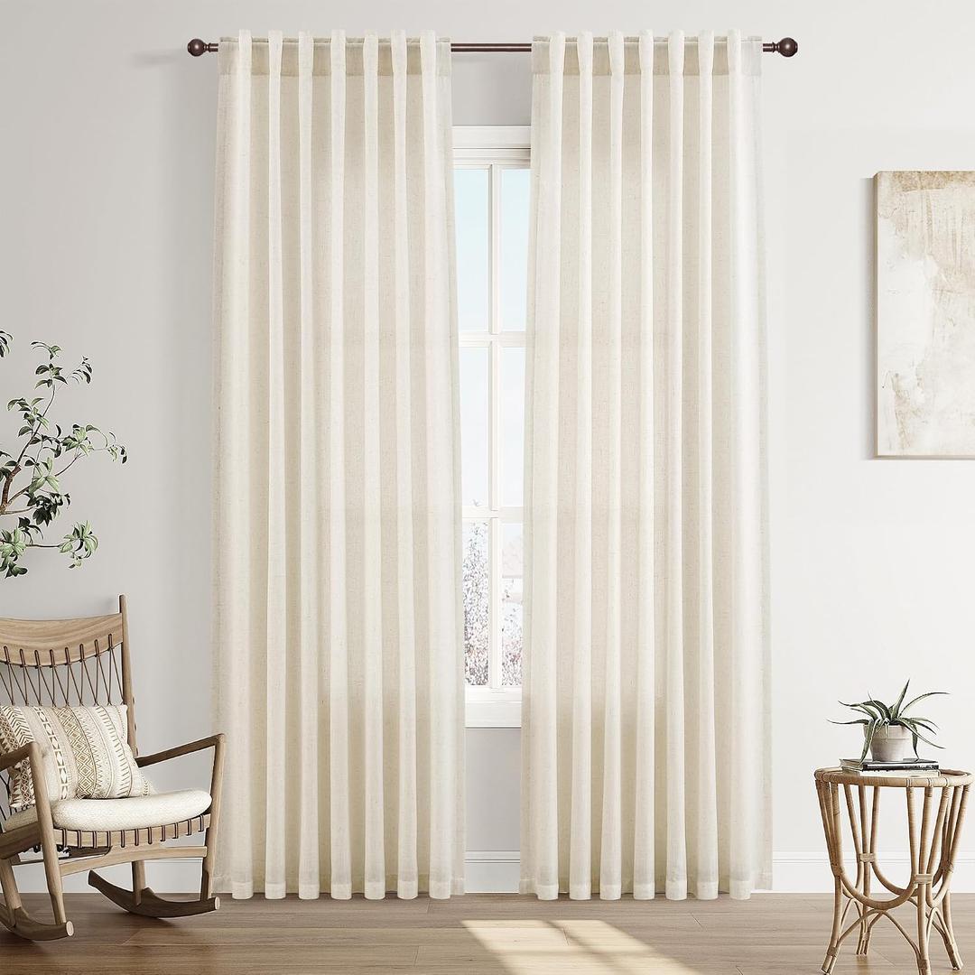 Joywell Cream Natural Back Tab Rod Pocket Linen Curtains 84 Inches Long 2 Panels for Living Room Bedroom Neutral Boho Farmhouse Rustic Light Filtering Semi Sheer Curtains Window Treatment 52x84
