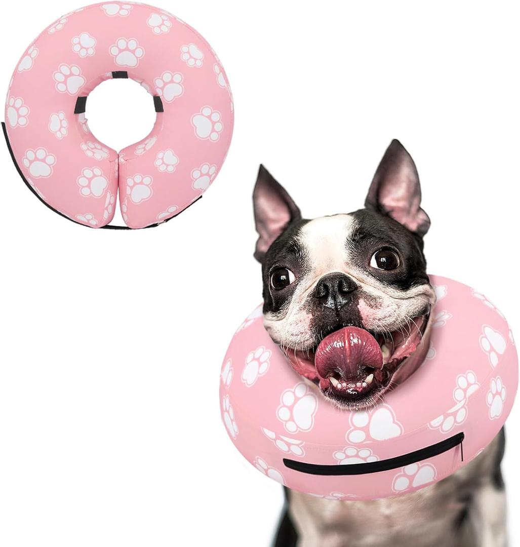 Supet Inflatable Dog Cone Collar for Large Medium Small Dogs, Soft Cone Collar for Dogs Cats, ECollar Doggie Neck Donut Dog Cone Alternative After Surgery (M(Neck 9"-12.5"), T Paw Pink)