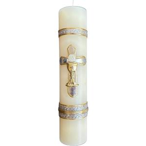 San Rafael Arcangel Holy Grail Cross Candle for First Communion or Baptsim White Candle Silver Cross Design Vela Catolica de Primera Comunion o Bautizo con Cruz Christening Celebration 8 inch