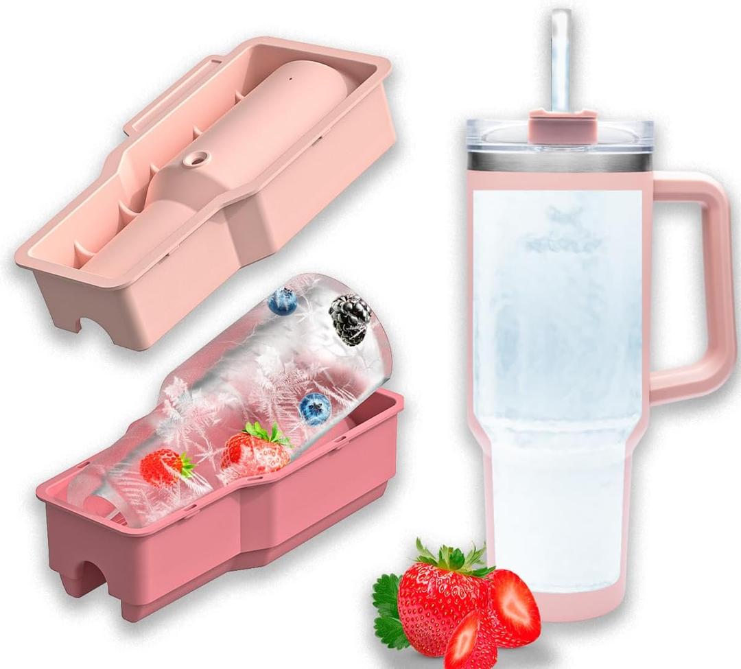 Ice Cube Tray for 40 oz Tumbler Cup, 1Pcs Stanley Ice Mold Silicone Hollow Cylinder Ice Mold with Lid and Bin for Freezer Ice Drink Juice Whiskey Cocktail (Pink)