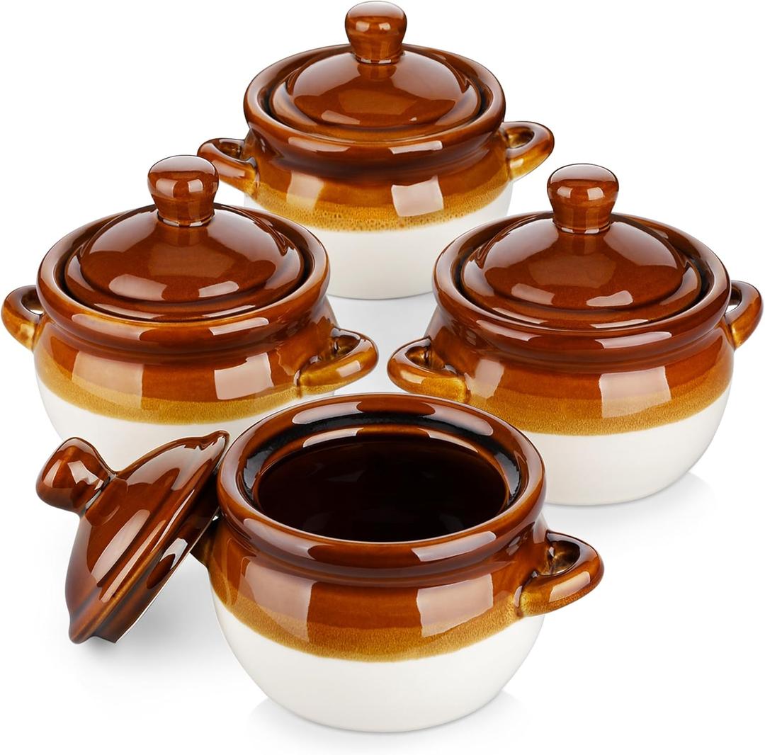 LOVECASA 26 OZ French Onion Soup Bowls with Lid, Porcelain Soup Crocks with Handles, Oven Safe Serving Bowls for Soup, Beef Stew, Cereal, Pot Pies, lasagna, Chilli, Set of 4