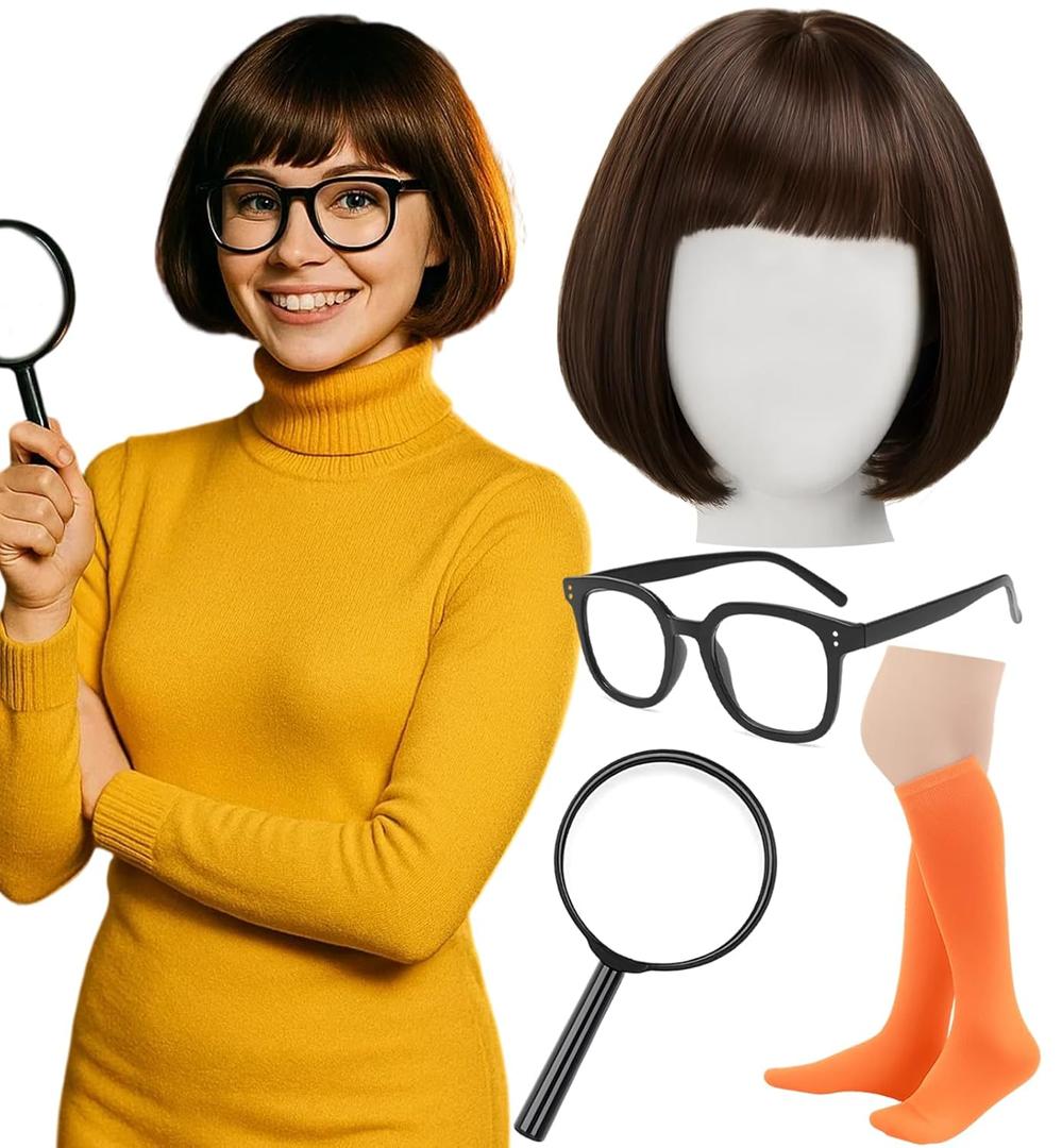 Swooflia Black Bob Wig for Women & Cosplay Accessories - Convenient Set Includes Adjustable Wig Cap, Magnifying Glass, Socks, Cosplay Wig for Halloween, Costume, Party and Daily Use (W2-04)