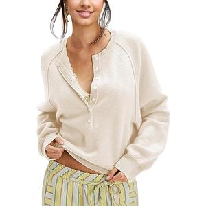 Henley Pullover Sweaters for Women Spring Button Long Sleeve Dressy Casual Loose Cozy Knit Tops Trendy Outfits Size, Large