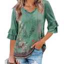 Angerella Tops for Women Trendy Fashion 3/4 Sleeve T-Shirts Cute V Neck Tunic Top Basic Business Tees Floral Blouses Green L (Green, L)