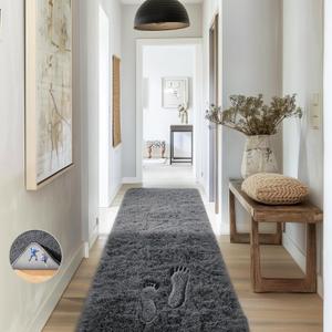 Ophanie Runner Rug for Hallway, 2x6 Upgrade Non-Slip Fluffy Soft Bedside Rugs, Bedroom Living Room Grey Shaggy Gray Carpet for Kids Girls Boys Dorm Nursery Home Decor Aesthetic