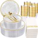 Rubtlamp 350 Pcs Clear Gold Plastic Plates, Hammered Disposable Dinnerware, Clear-Gold Plates Set Include 100 Plastic Platos, 150 Gold Disposable Silverware, 50 Cups And 50 Napkins for Party