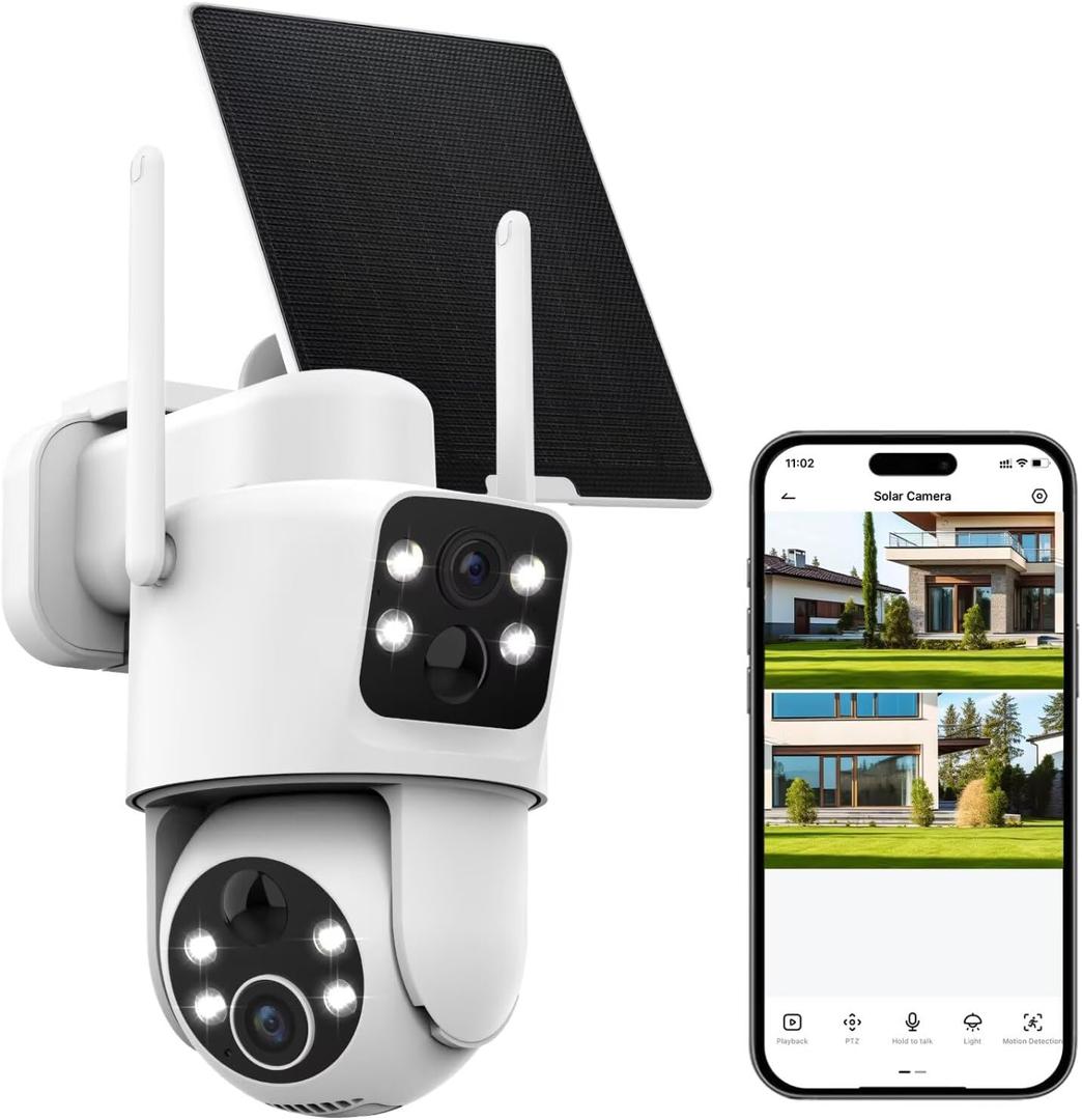 2K Dual-Lens Solar Camera Outdoor Wireless, 360 Pan/Tilt Solar Powered Security Camera with Rechargeable 10,000mAh Battery, IP66 Waterproof, Color Night Vision, Two-Way Audio for Home Security