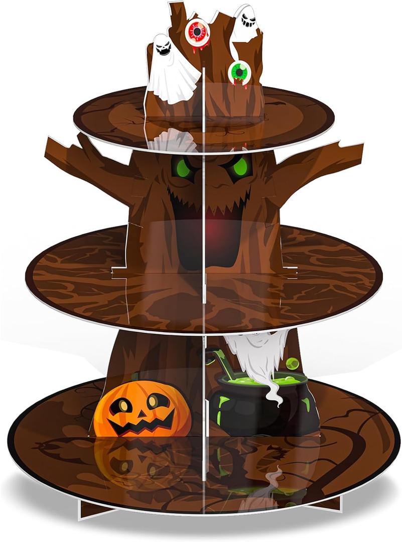 3 x Halloween Cupcake Stand Decoration 3 Tier Halloween Cardboard Cupcake Holder Halloween Party Pumpkin Ghost Cat Cupcake Tower for for Trick or Treat Birthday Baby Shower Party Decor (Tree)