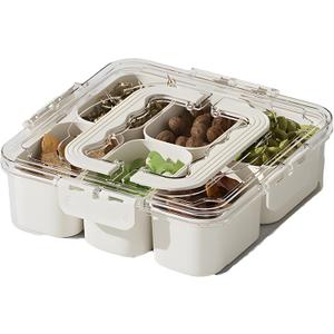 Divided Veggie Tray with Lid and Handle 6 Compartment Serving Tray with Dividers Portable Travel Snack Containers Stackable Snackle Box Charcuterie Container for Fruit,Vegetable,Salad (6 Containers)