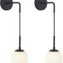 KCO Lighting Frosted White Glass Wall Sconce Set of Two Black Globe Ball Wall Light Adjustable Cord Industrial Vanity Wall Lamp for Bathroom Mirror Bedside Stairs (White)