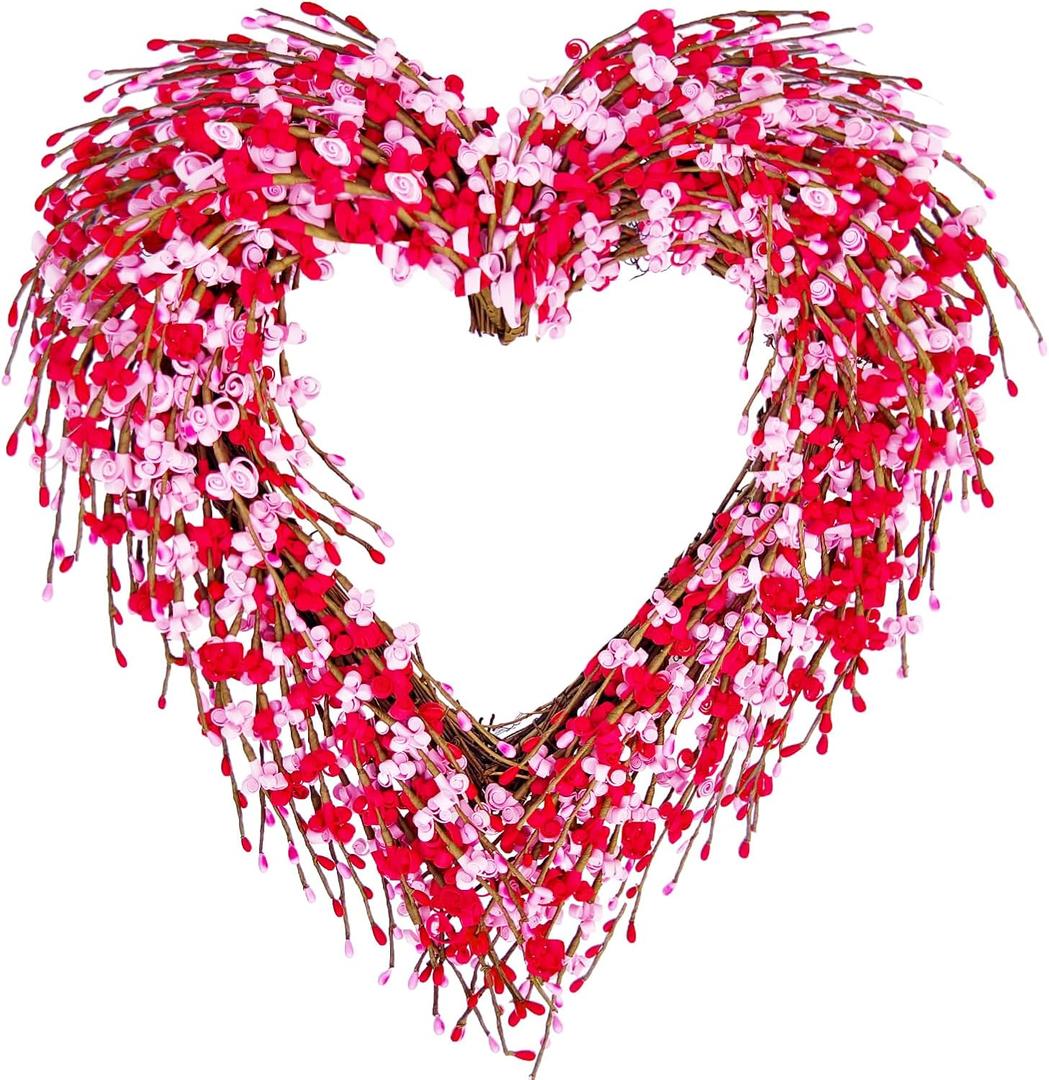 Valentines Day Wreath, 17in Valentines Wreaths for Front Door Outside, Valentines Day Heart Wreath Decorations Decor Outdoor Indoor with Red and Pink Forsythia Heart-Shaped Wooden Sign