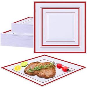 13 Pcs Square Plastic Plates White Disposable Dinnerware Set 25 Guests 9.5 and 6.5 Inch Heavy Duty Dinner Plates Square Dessert Plates Plastic Plate with Rim for Wedding Party Events (Red)