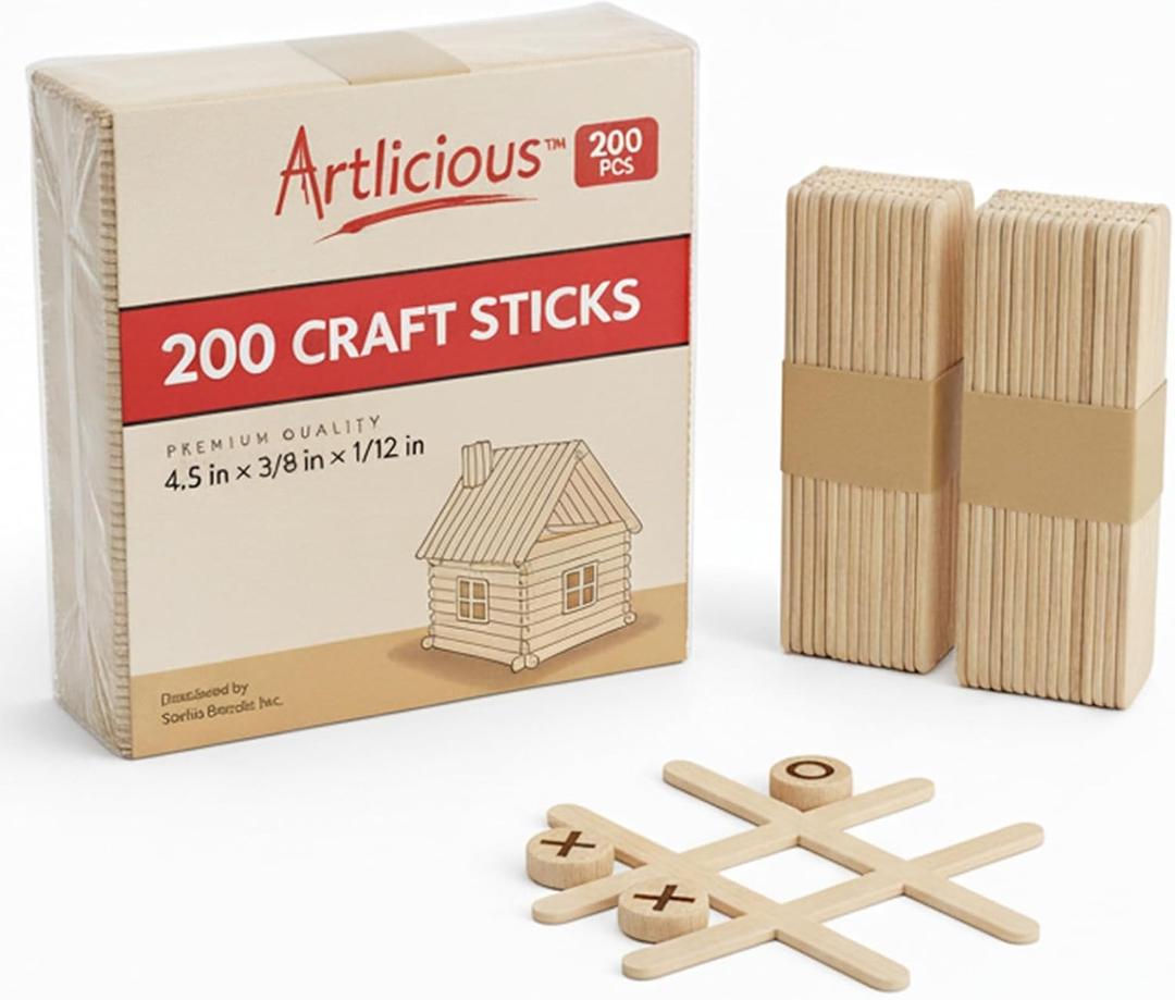 Artlicious 200 Pcs Wooden Craft Sticks  Food-Grade Popsicle Sticks for Crafts & ice Cream Sticks  Wooden Sticks for Crafts, Wood Craft Sticks, Popsicle Sticks Bulk (Natural, 4" x 0.5" x 4.5")