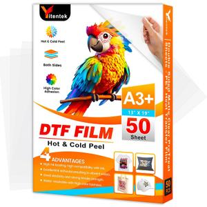 A3+ DTF Transfer Film, 13" x 19" Double Sided Matte PreTreat Heat Transfer PET Sheets for DTF Inkjet Printer, DTF Paper Direct Print on T-Shirts Textile, Hot & Cold Peel, 50 Sheets