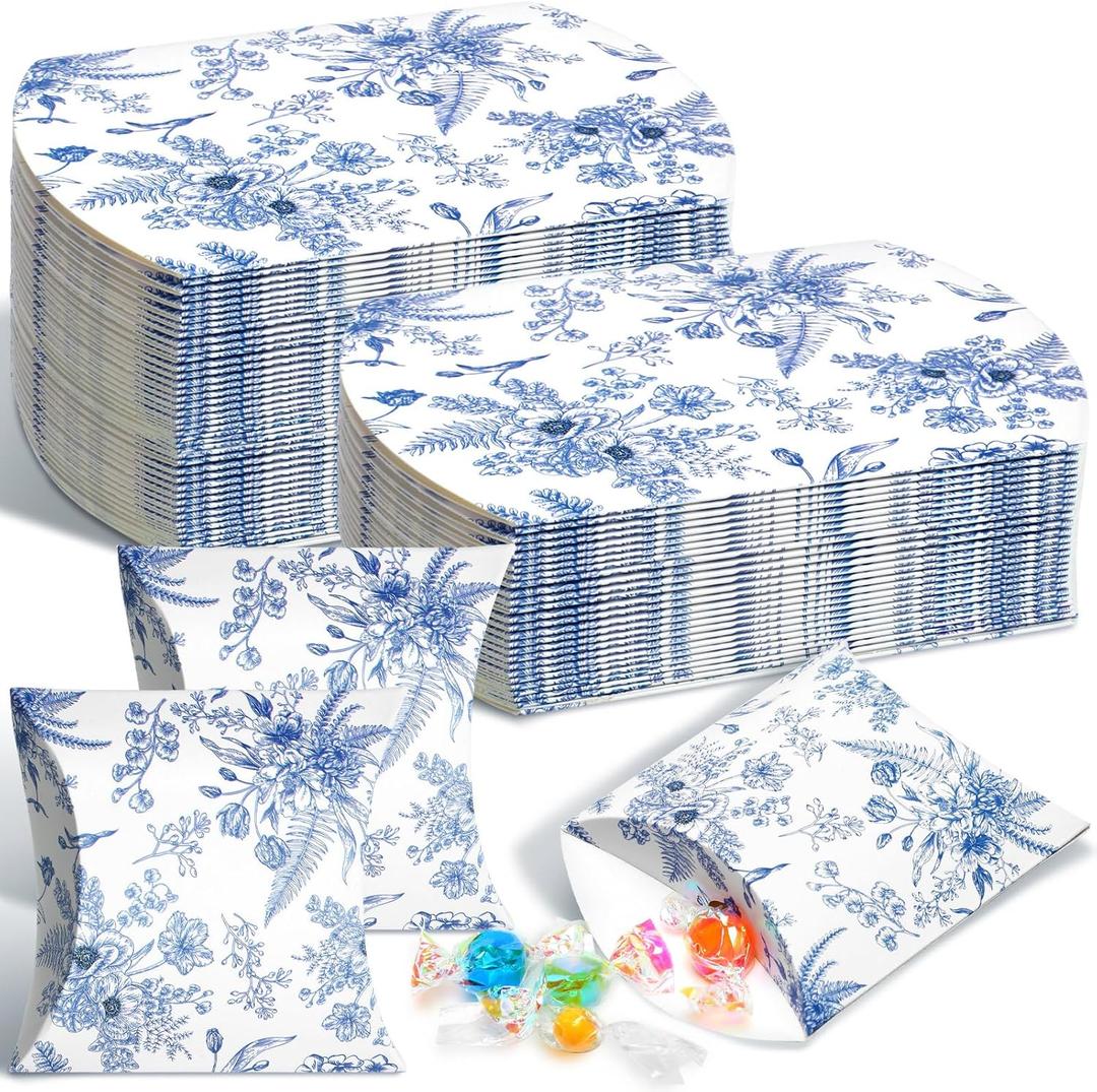 Moinchore 100 Pcs Blue Floral Pillow Boxes Kraft Paper Pillow Gift Boxes Candy Wedding Party Favors Blue Floral Candy Decor for Wedding Baby Bridal Shower Birthday Party Supplies