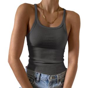Artfish Women's Sleeveless Tank Top Form Fitting Scoop Neck Ribbed Knit Basic Cami Shirts (02# Full Length Charcoal Grey) Small