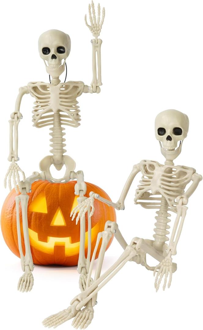 2 Pack Halloween Skeleton Decorations,15.7" Spooky Full Body Mini Skeleton with Movable Posable Bones,Spooky Skeleton for Halloween Party Decor,Yard Graveyard Haunted House Props